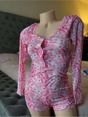 Pink Printed Long-Sleeve Button Romper - Women's Top